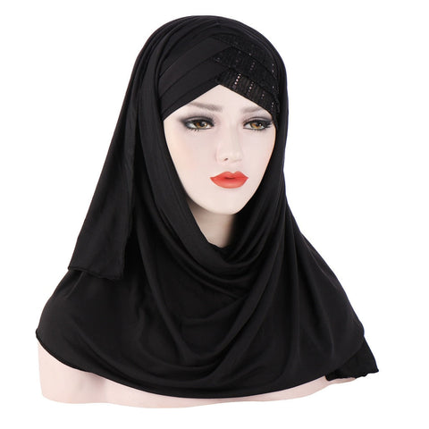 2021 New Product Sequin Splicing Women Hijab Scarf Muslim Lady Hijab Caps Islam Clothing Malaysia Solid Shawl Headscarves - Statnmore-7861